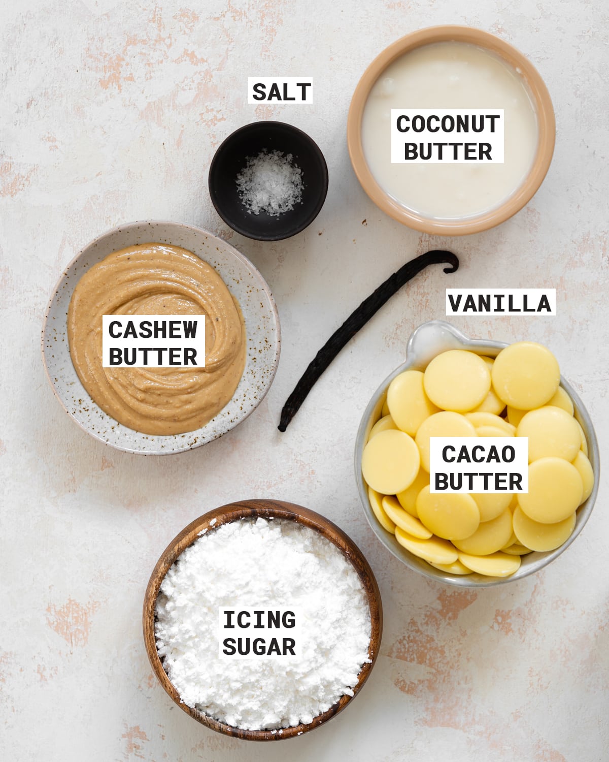 ingredients for making dairy free white chocolate.