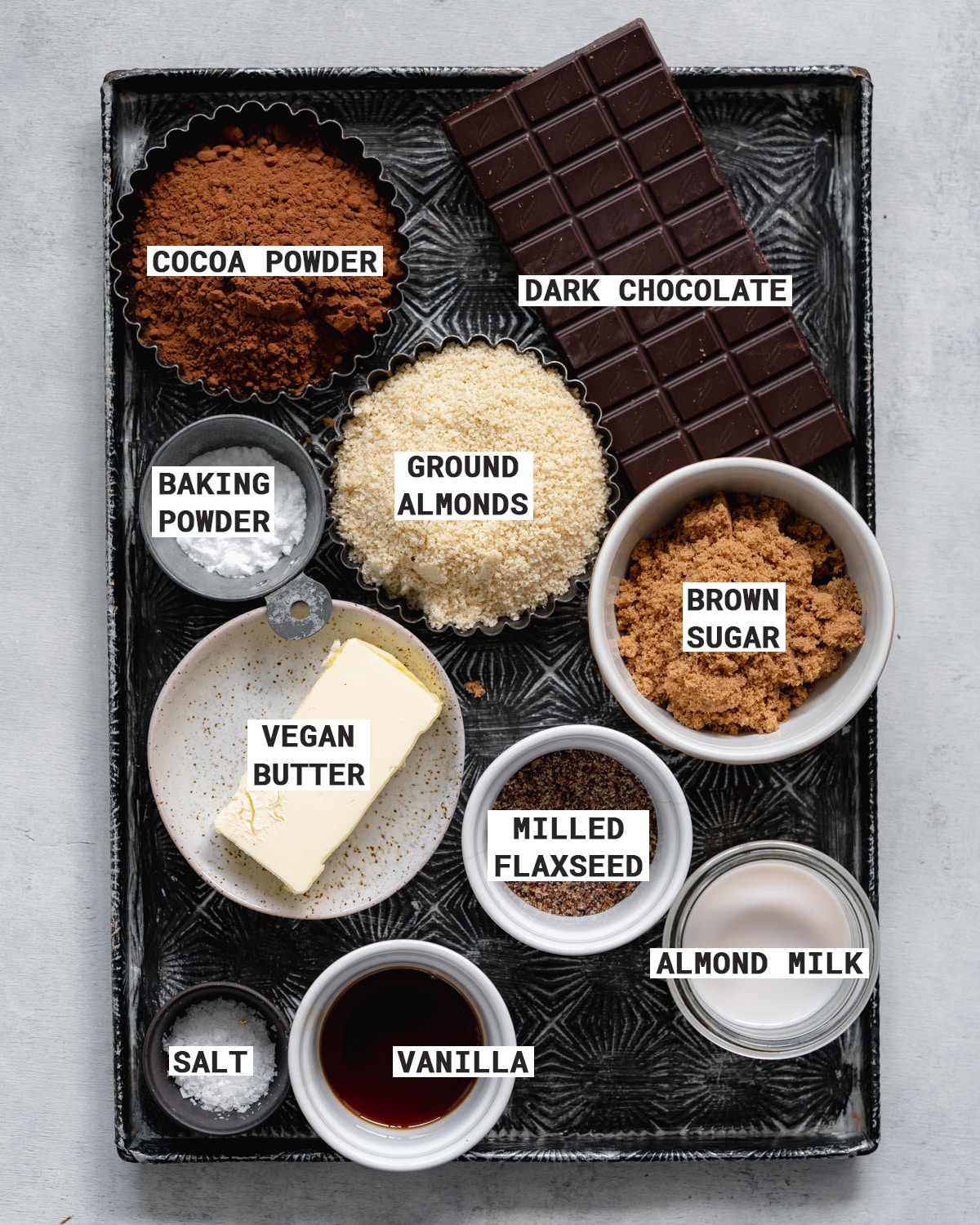 Tray of ingredients to make vegan gluten free brownies.