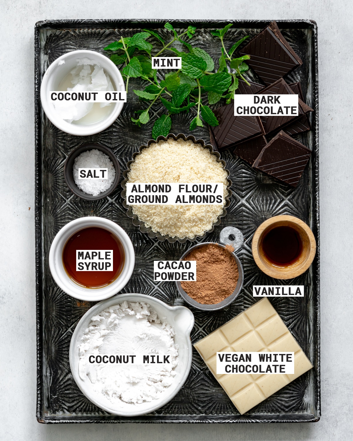 ingredients to make gluten free mint chocolate tart.
