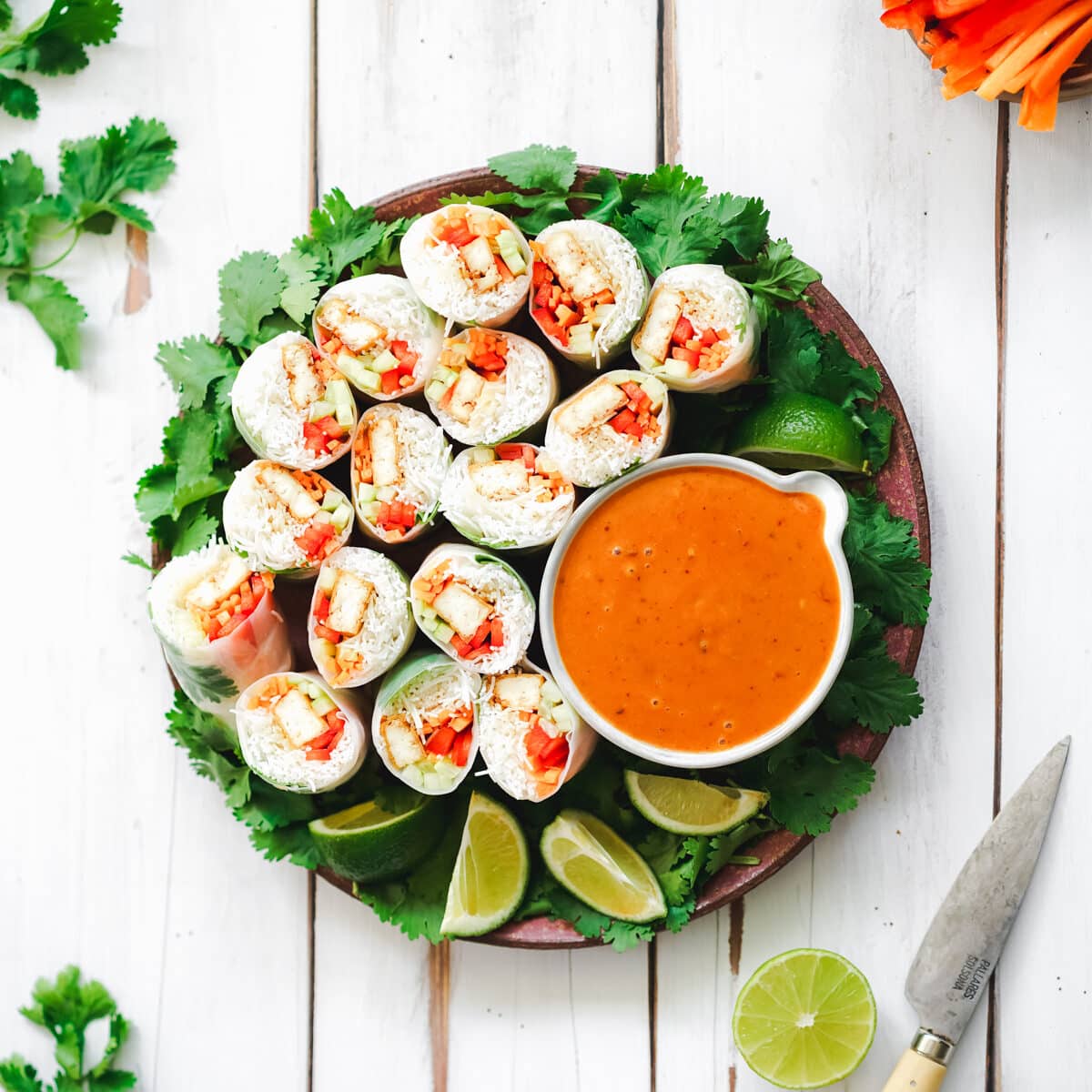 flatlay of Vietnamese summer rolls on a plate with a bowl of peanut butter dipping sauce.