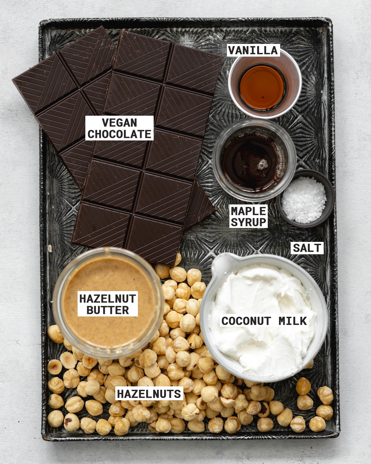 tray of ingredients for making dairy free ferrero hazelnut truffles.