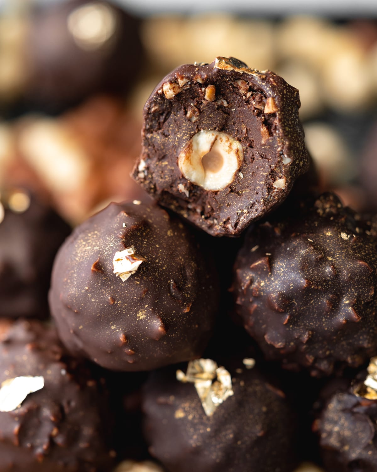 close up of chocolate hazelnut truffles.
